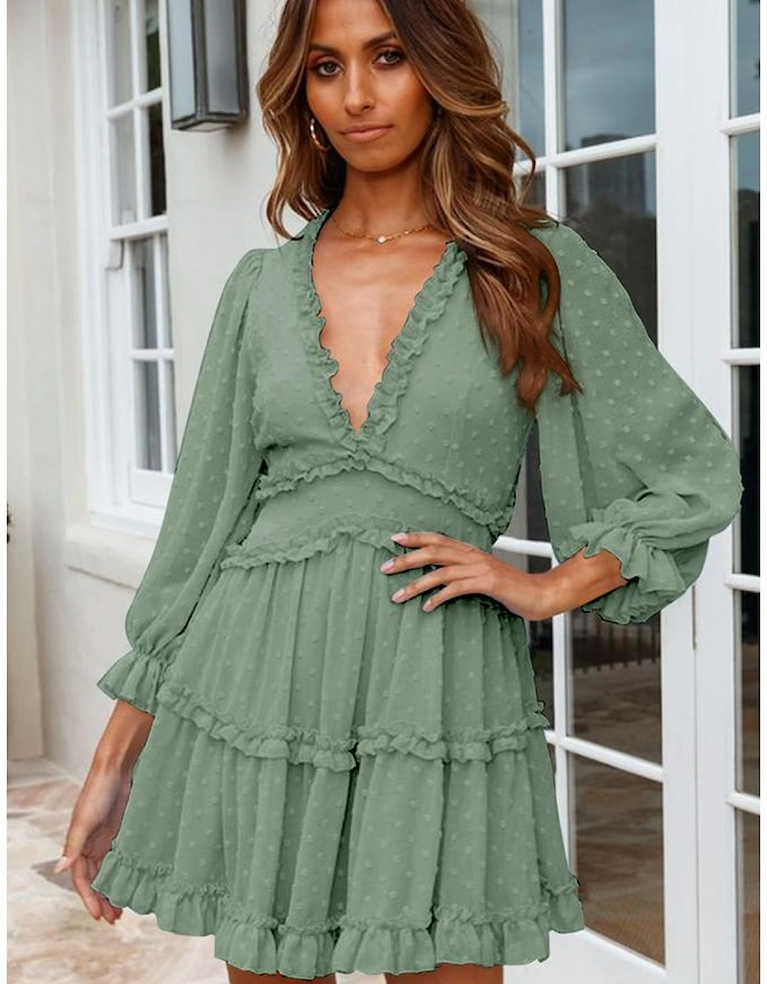 Green Layered Ruffled Open Back Puff Sleeve Swiss Dot Mini Dress