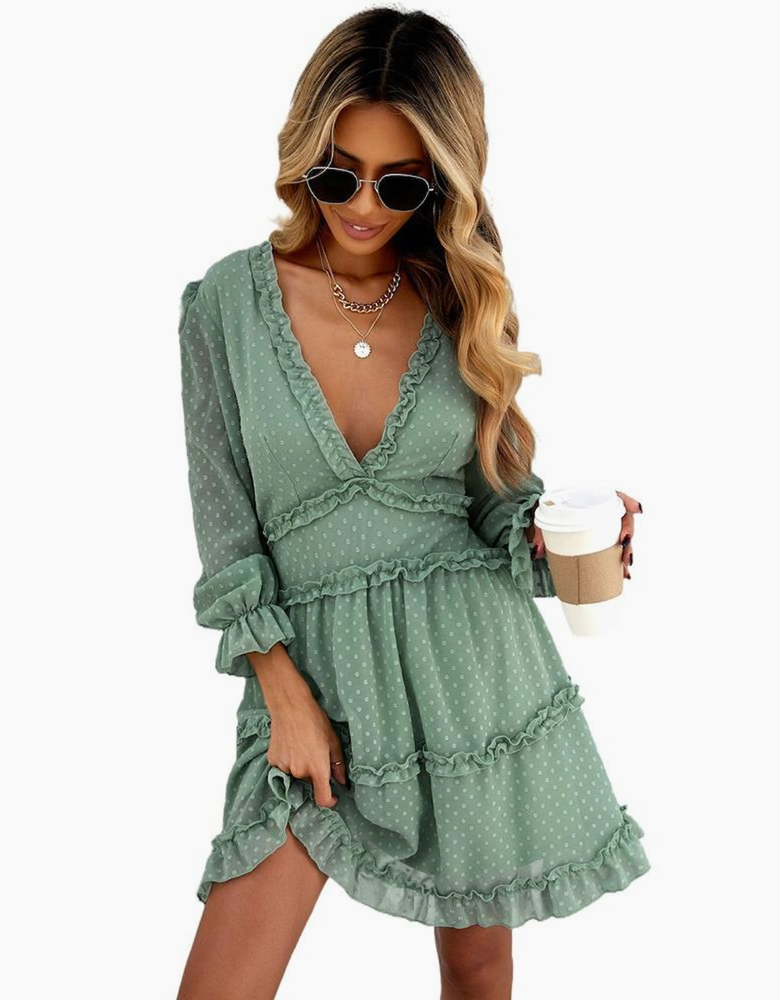 Green Layered Ruffled Open Back Puff Sleeve Swiss Dot Mini Dress