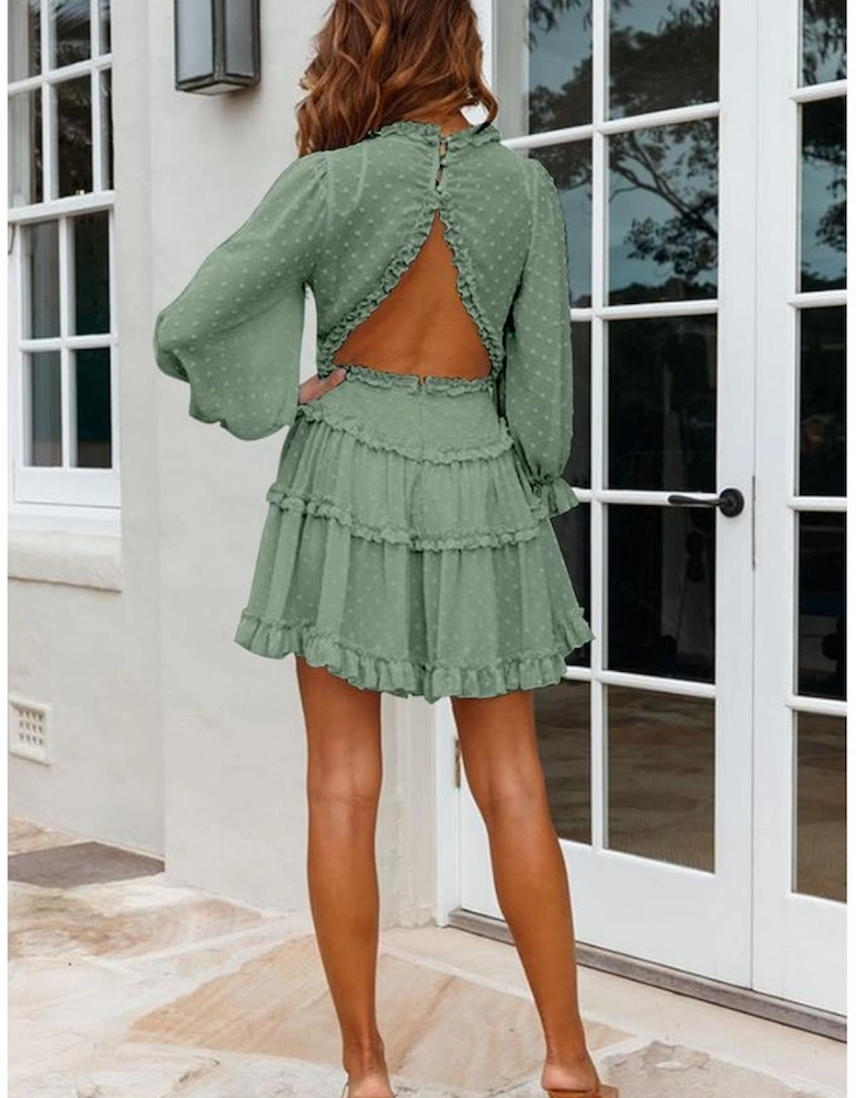 Green Layered Ruffled Open Back Puff Sleeve Swiss Dot Mini Dress