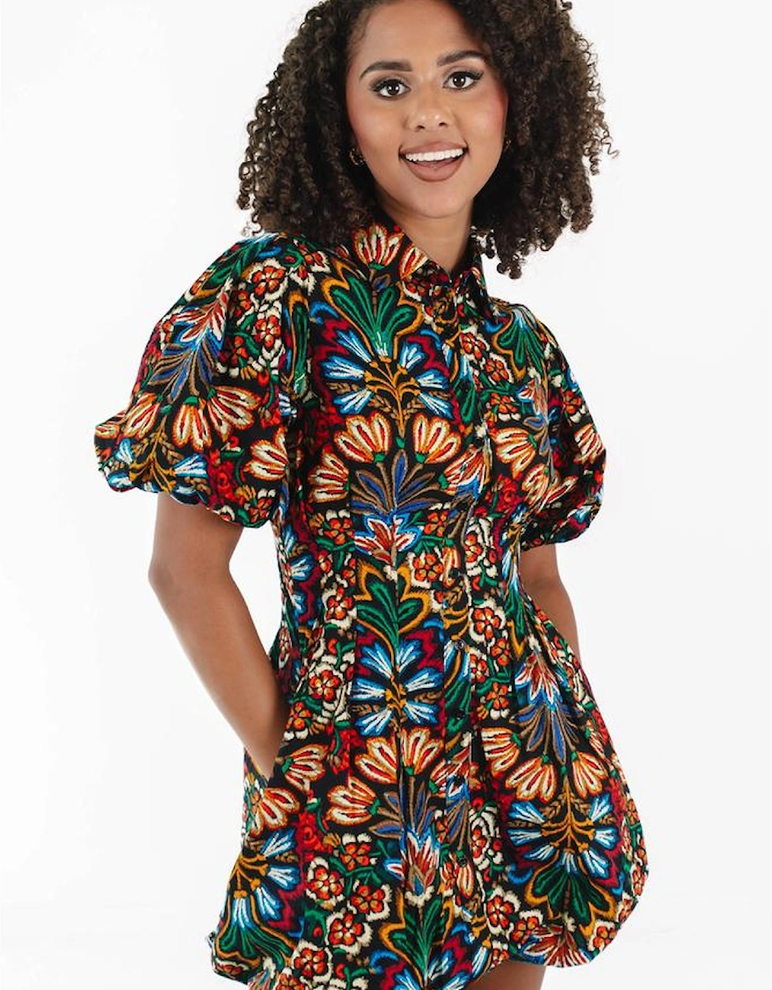 Multicolour Floral Puff Short Sleeve Shirt Mini Dress