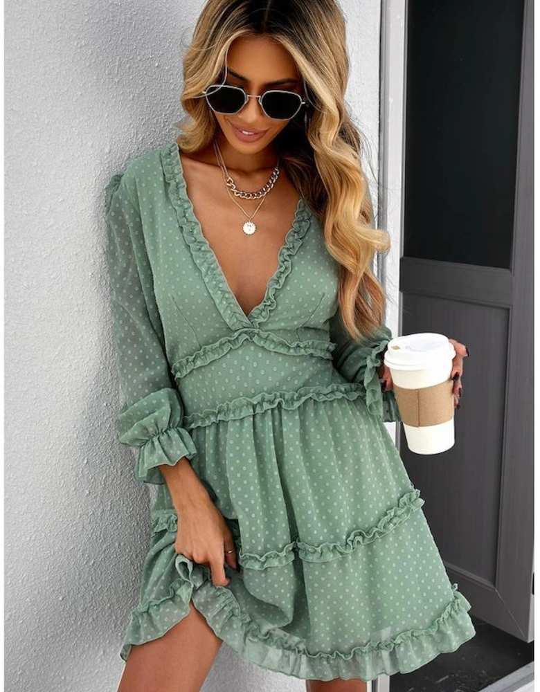 Green Layered Ruffled Open Back Puff Sleeve Swiss Dot Mini Dress