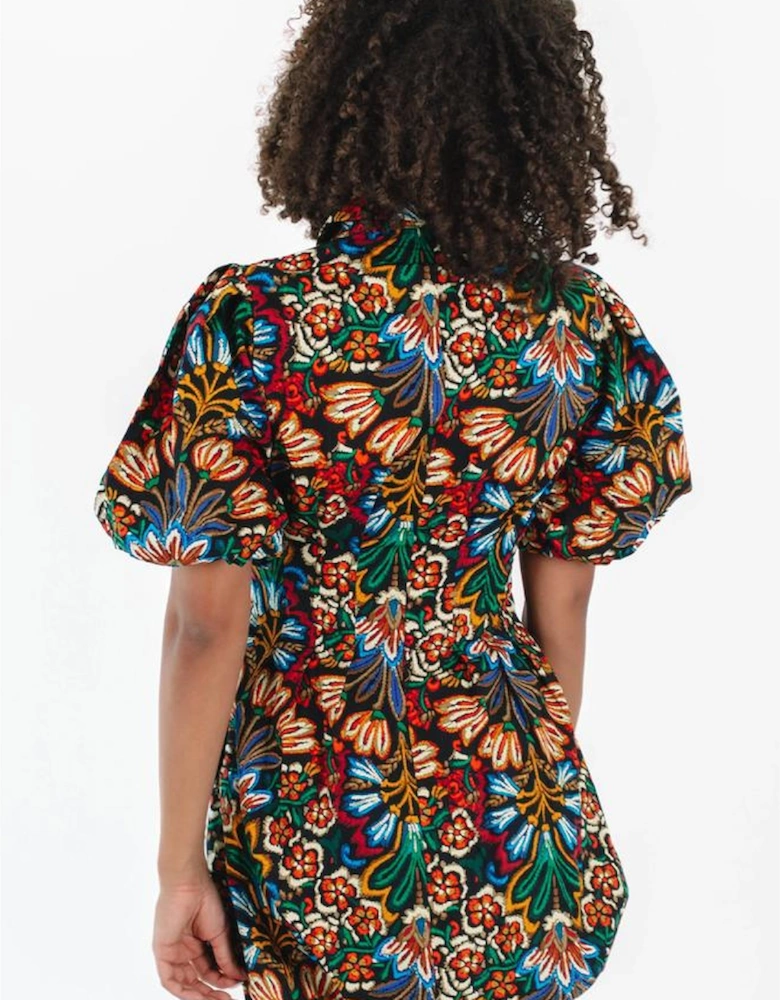 Multicolour Floral Puff Short Sleeve Shirt Mini Dress