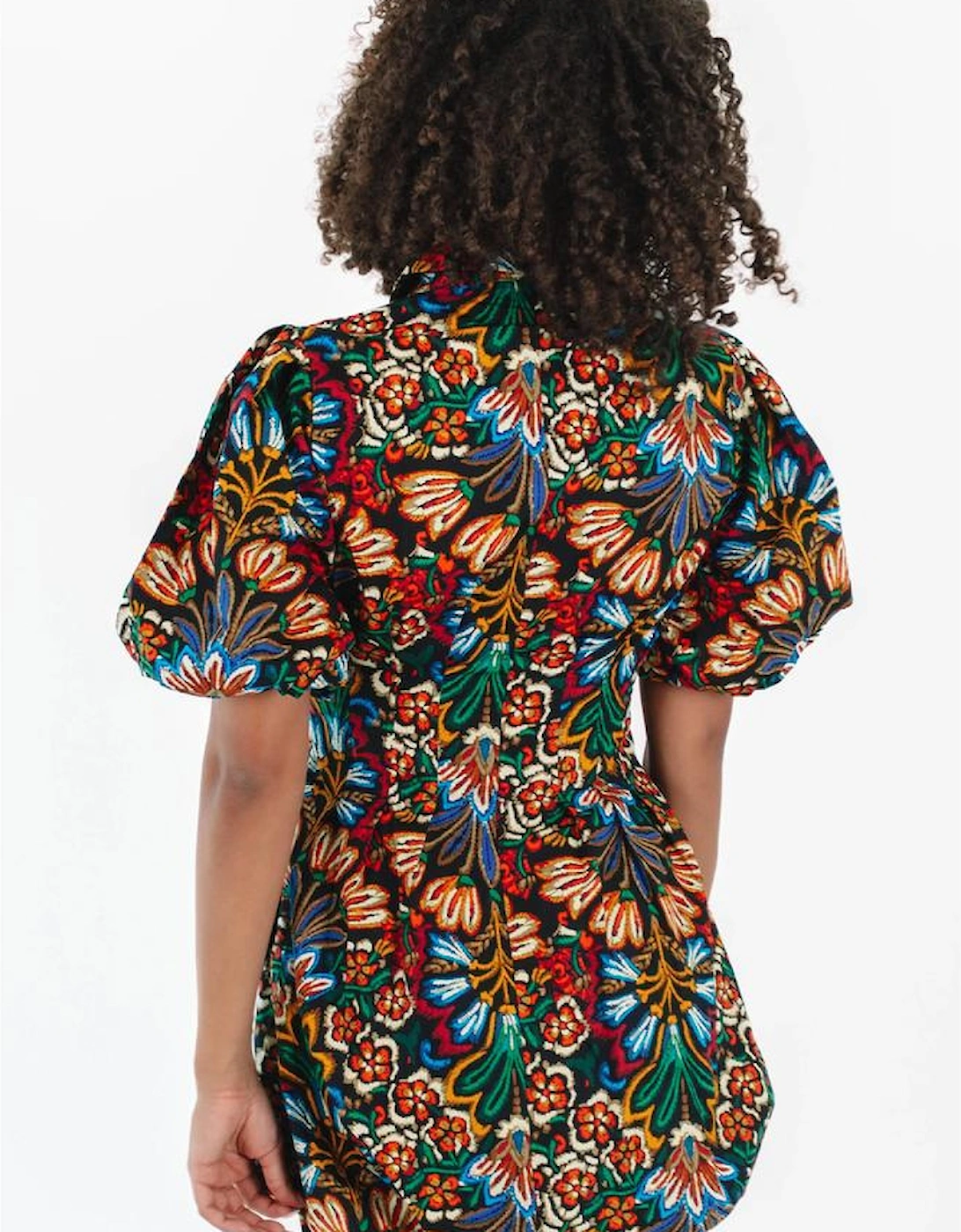 Multicolour Floral Puff Short Sleeve Shirt Mini Dress