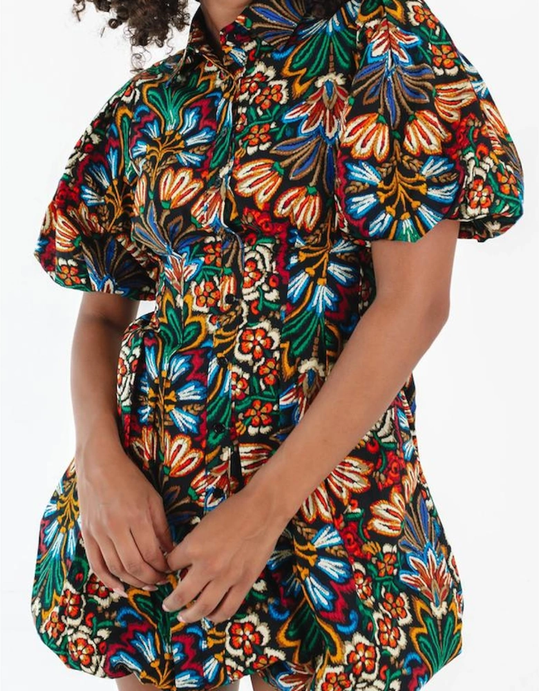 Multicolour Floral Puff Short Sleeve Shirt Mini Dress
