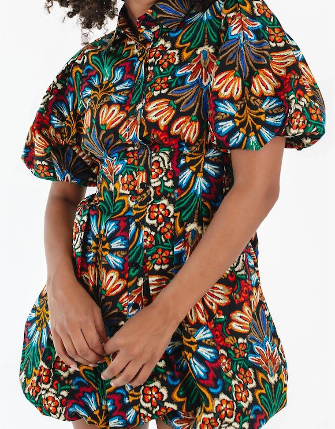 Multicolour Floral Puff Short Sleeve Shirt Mini Dress, 15 of 14
