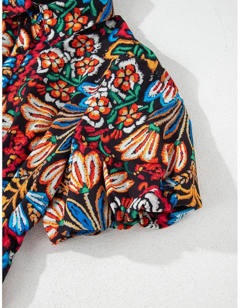 Multicolour Floral Puff Short Sleeve Shirt Mini Dress