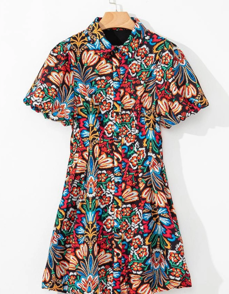 Multicolour Floral Puff Short Sleeve Shirt Mini Dress