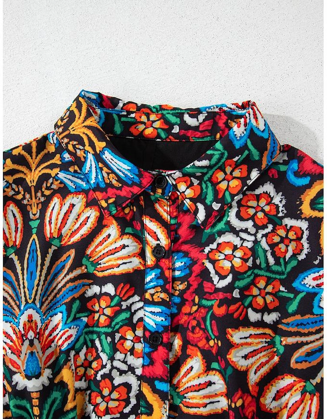 Multicolour Floral Puff Short Sleeve Shirt Mini Dress