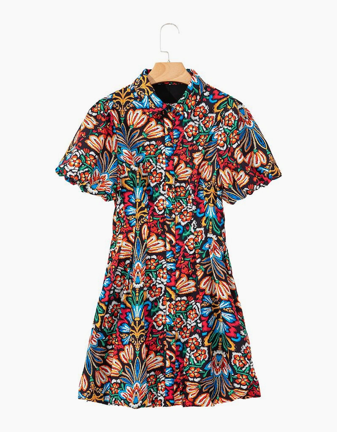 Multicolour Floral Puff Short Sleeve Shirt Mini Dress