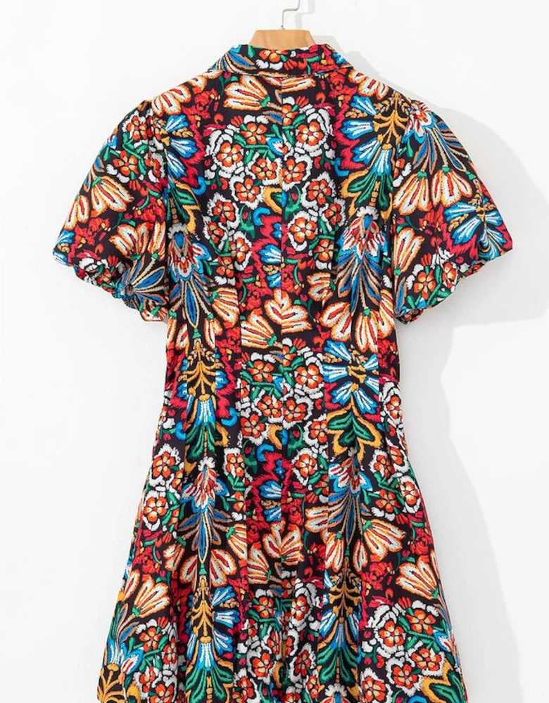 Multicolour Floral Puff Short Sleeve Shirt Mini Dress