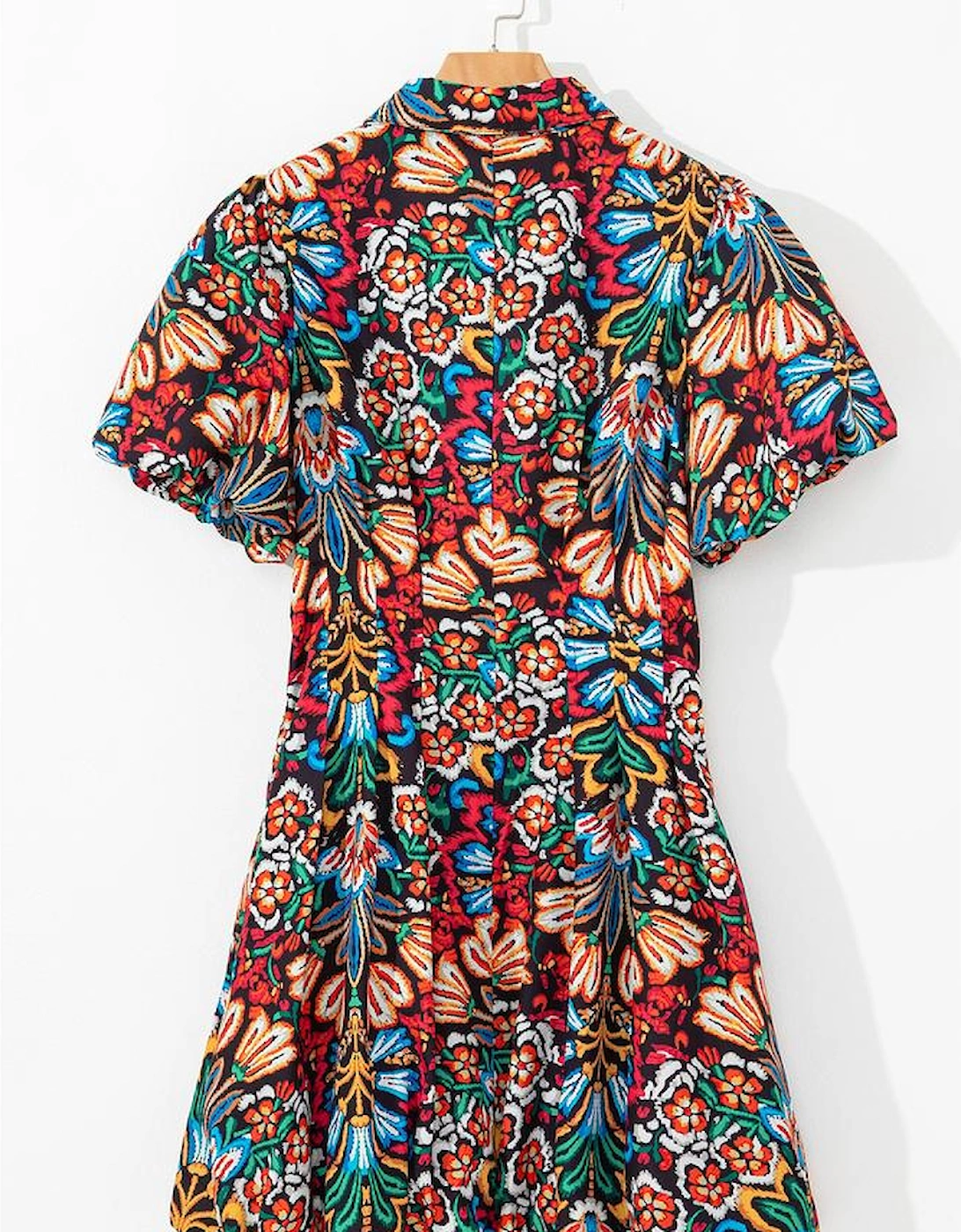 Multicolour Floral Puff Short Sleeve Shirt Mini Dress