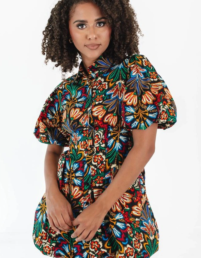 Multicolour Floral Puff Short Sleeve Shirt Mini Dress