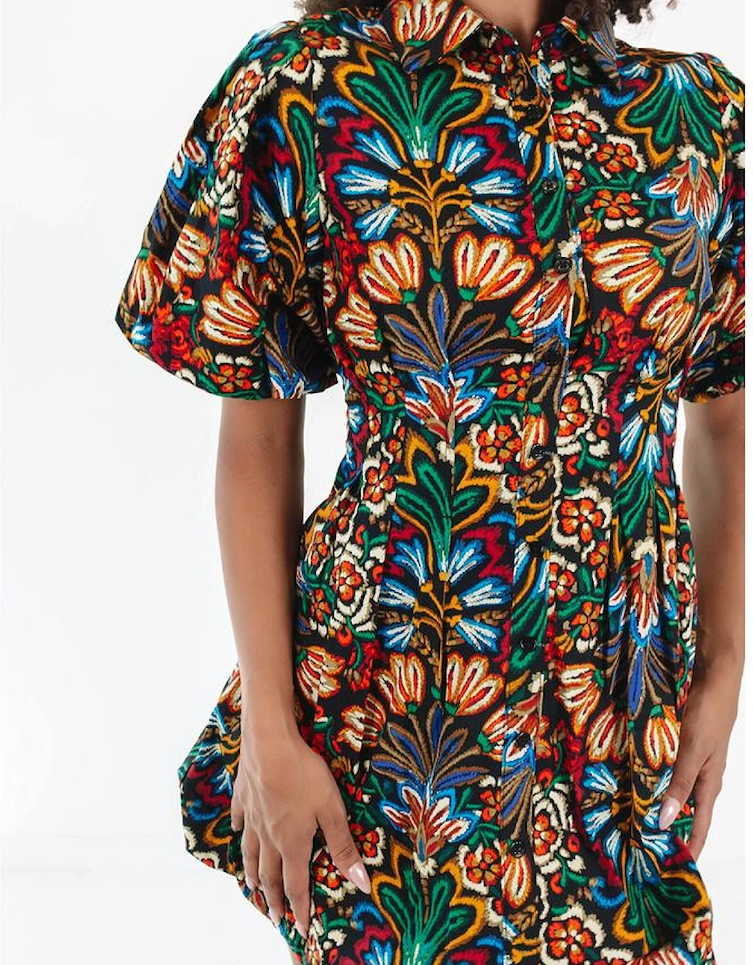Multicolour Floral Puff Short Sleeve Shirt Mini Dress
