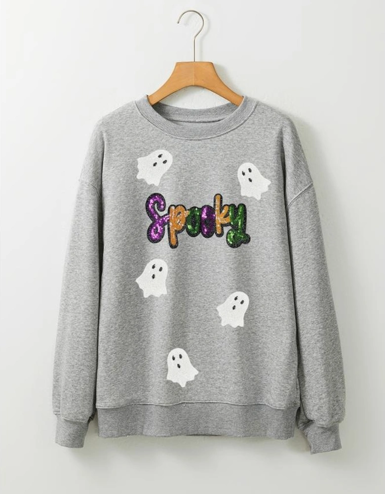 Gray Spooky Halloween Ghost Sequin Patched Sweatshirt