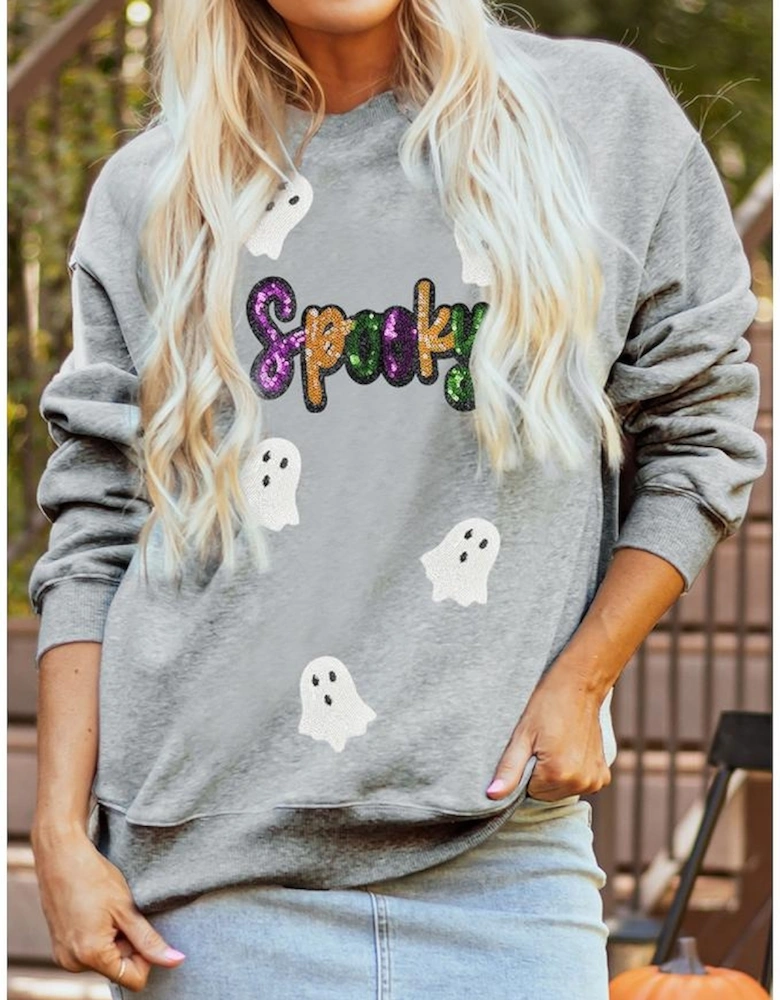 Gray Spooky Halloween Ghost Sequin Patched Sweatshirt