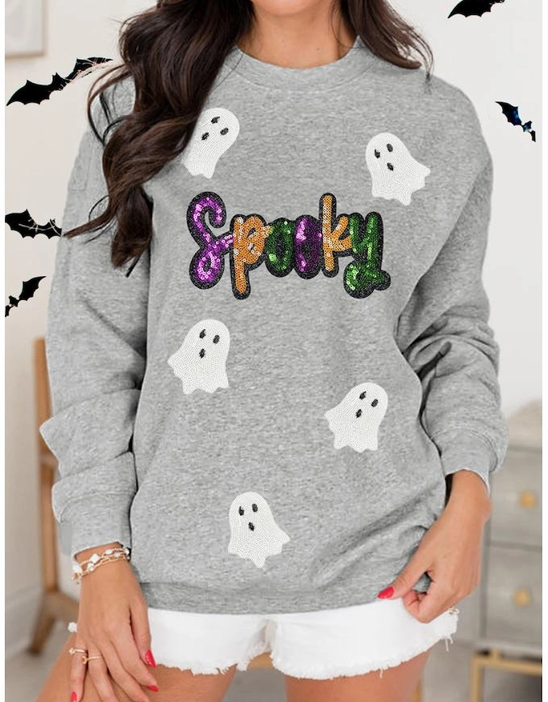 Gray Spooky Halloween Ghost Sequin Patched Sweatshirt