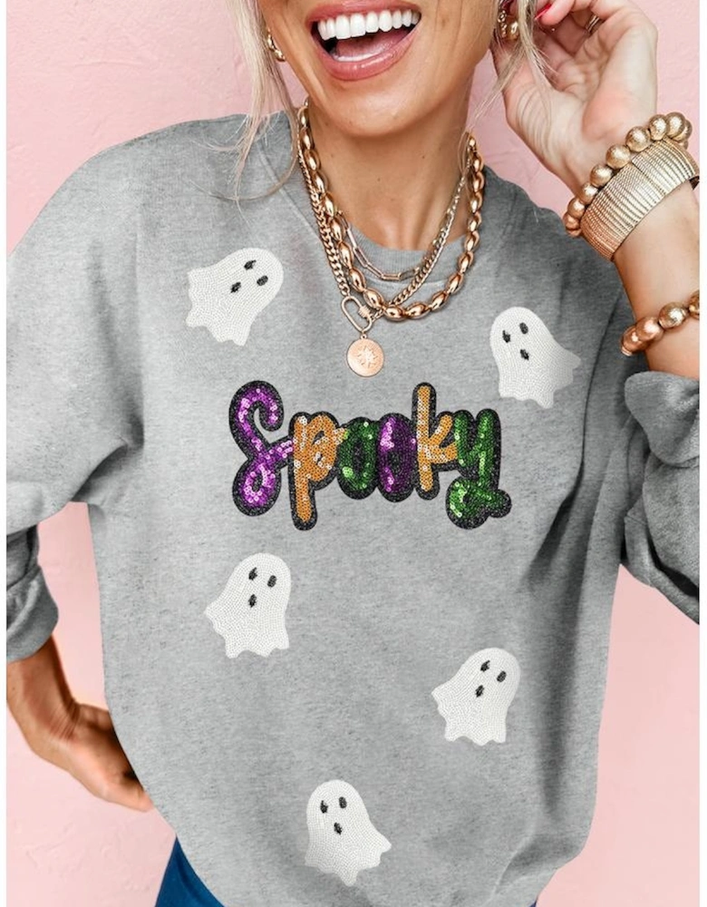 Gray Spooky Halloween Ghost Sequin Patched Sweatshirt