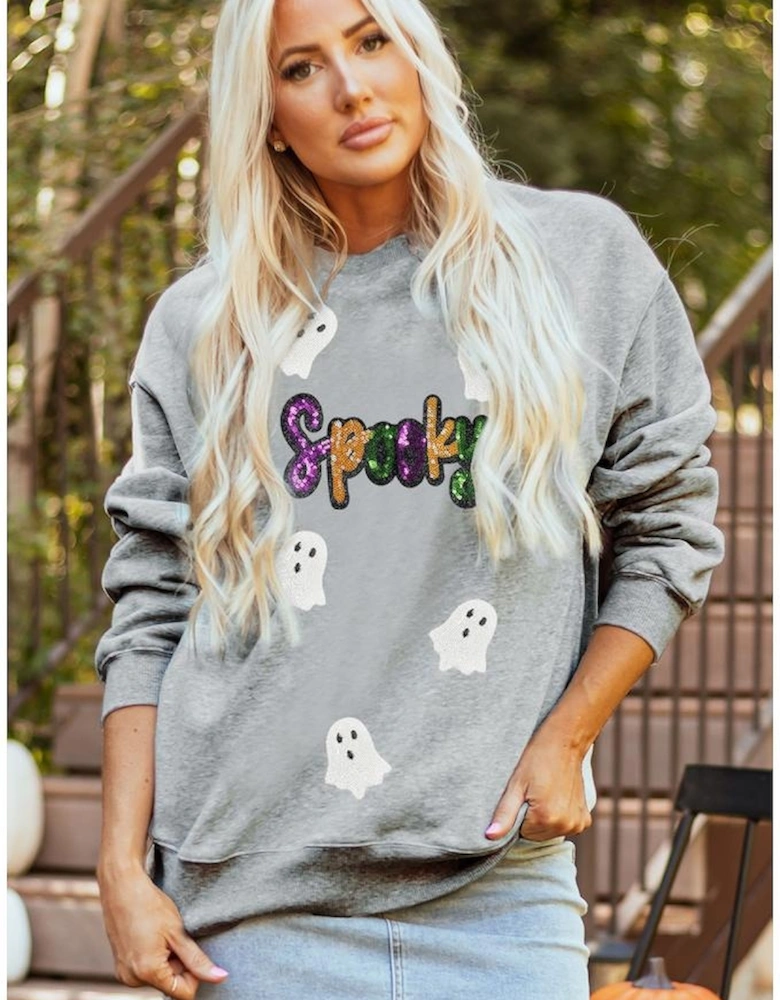 Gray Spooky Halloween Ghost Sequin Patched Sweatshirt