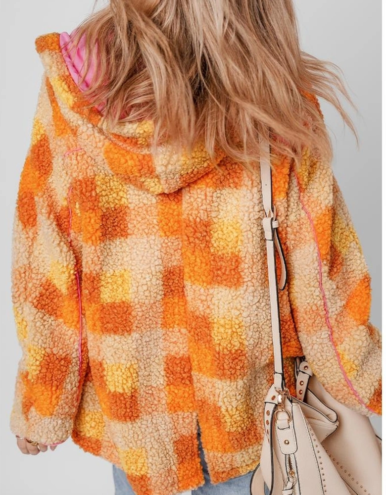 Orange Checkered Sherpa Hooded Jacket