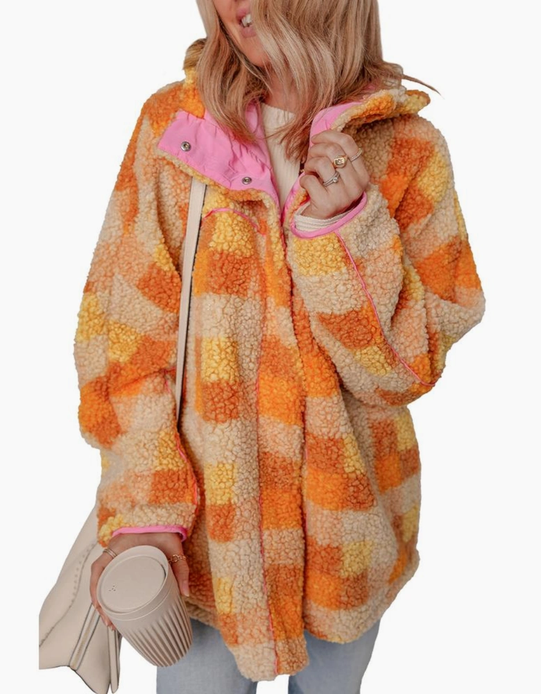 Orange Checkered Sherpa Hooded Jacket