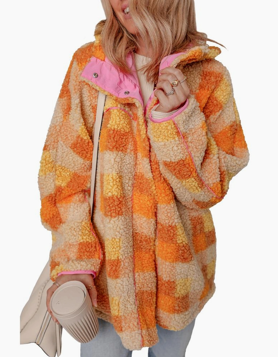 Orange Checkered Sherpa Hooded Jacket