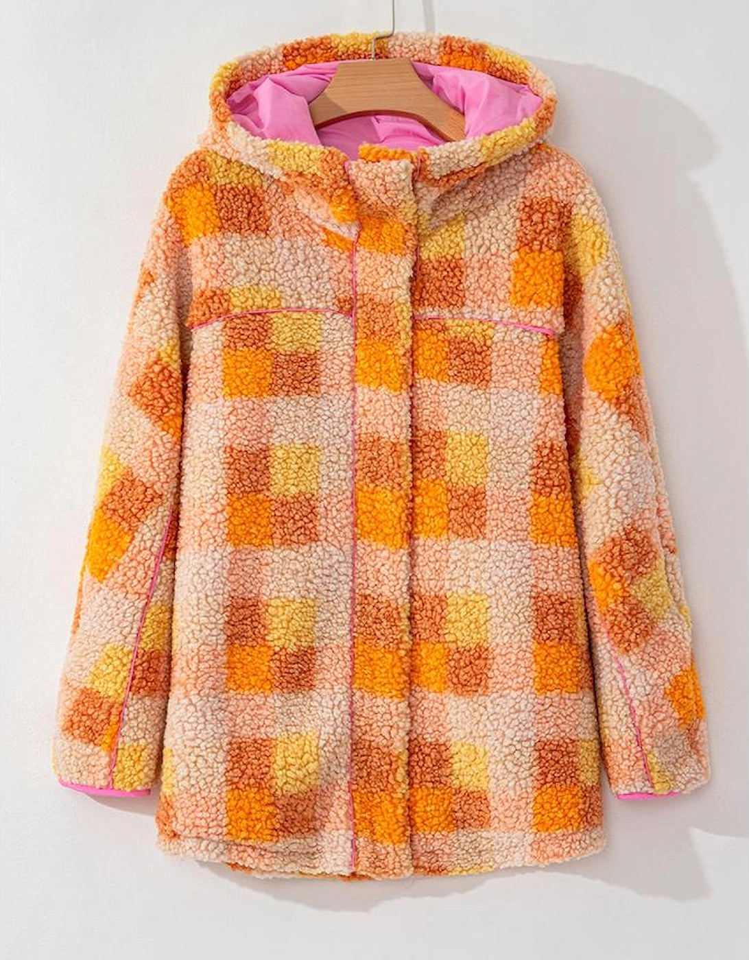 Orange Checkered Sherpa Hooded Jacket