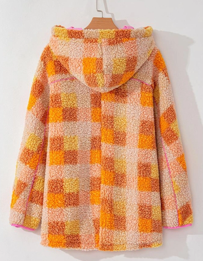 Orange Checkered Sherpa Hooded Jacket