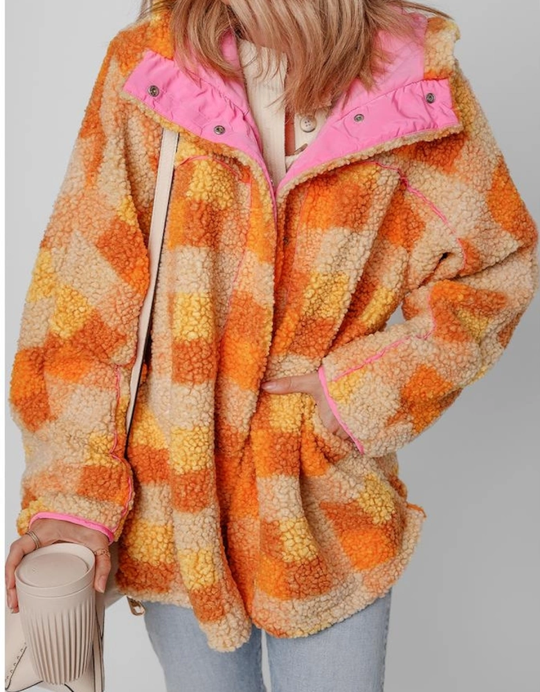 Orange Checkered Sherpa Hooded Jacket