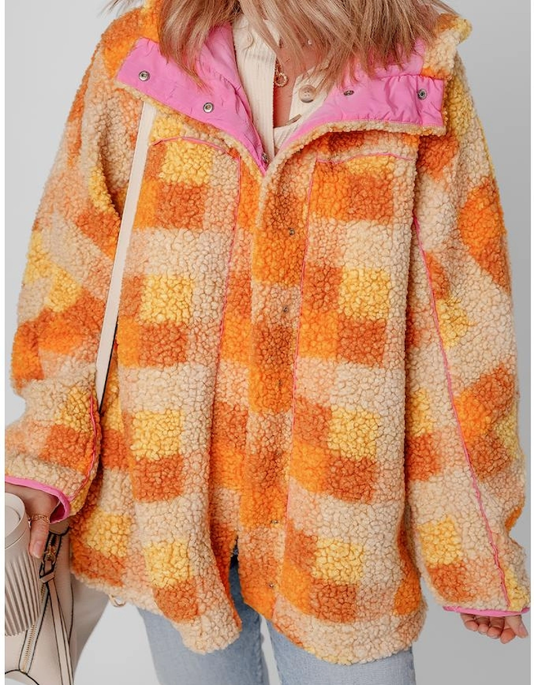 Orange Checkered Sherpa Hooded Jacket