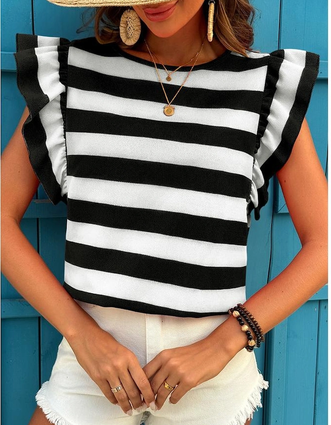 Black Stripe Flutter Sleeve Round Neck T Shirt