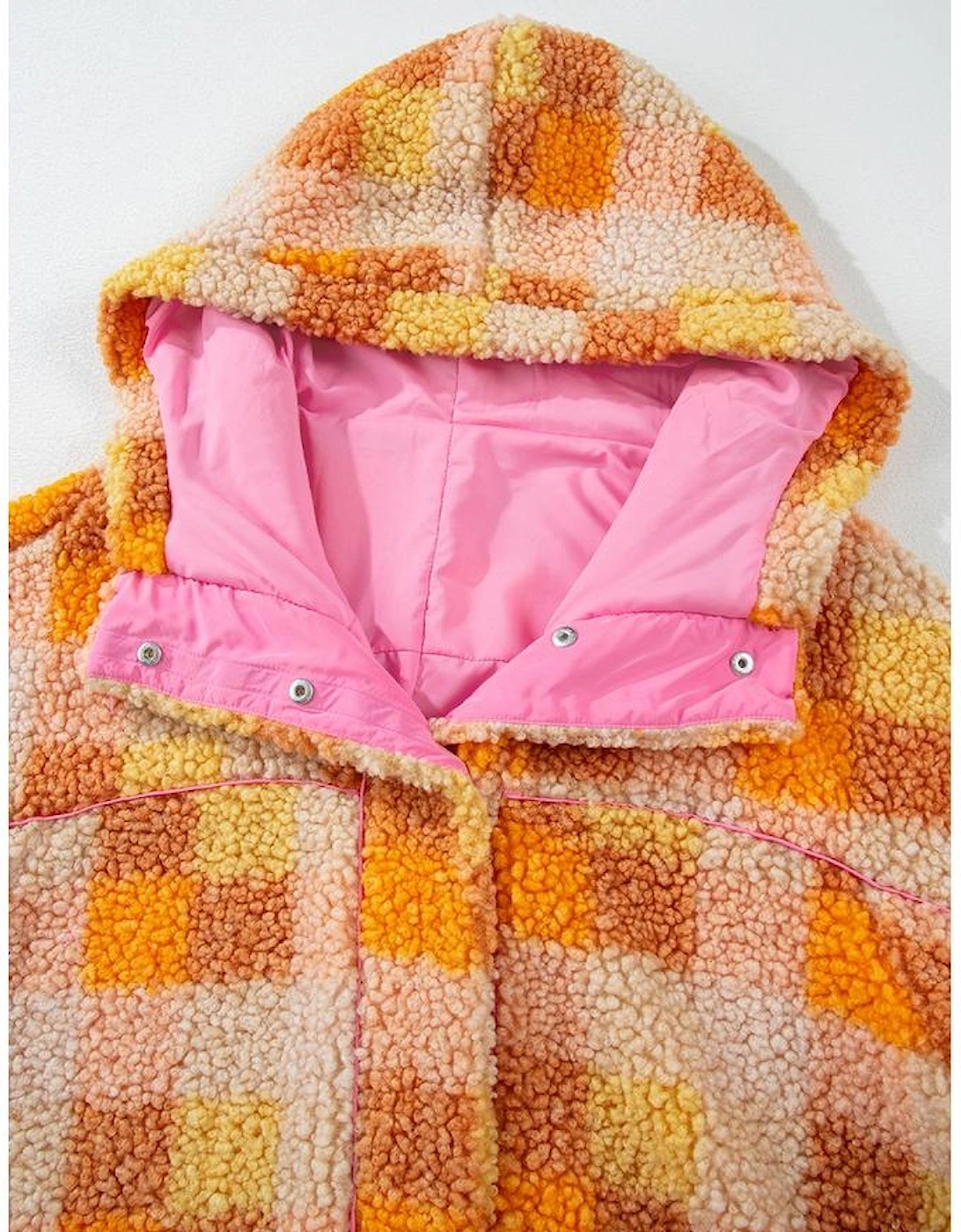 Orange Checkered Sherpa Hooded Jacket