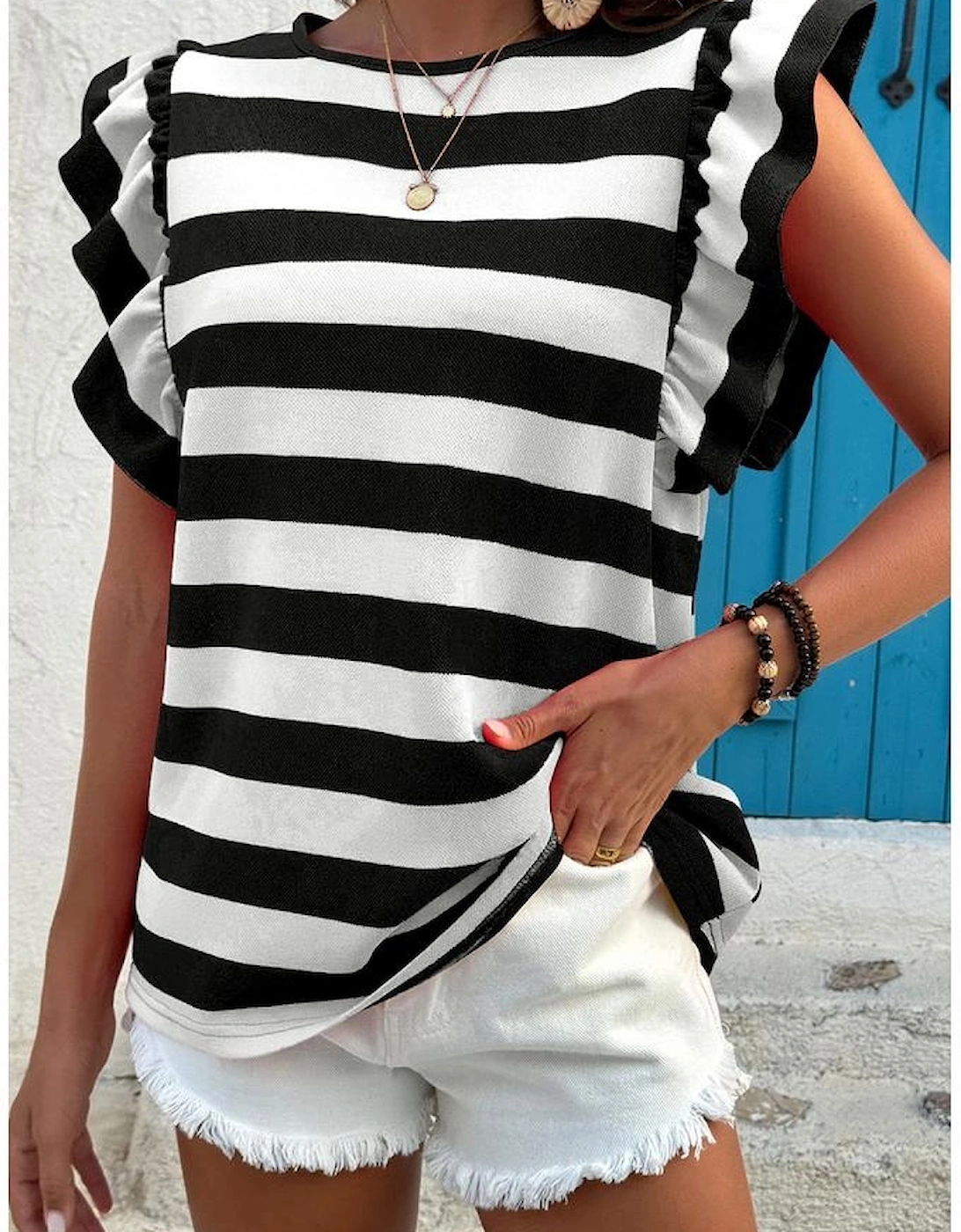Black Stripe Flutter Sleeve Round Neck T Shirt