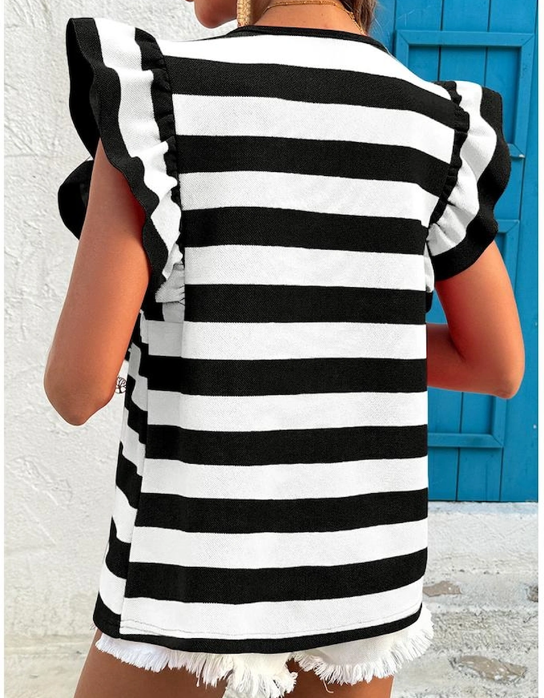 Black Stripe Flutter Sleeve Round Neck T Shirt, 6 of 5