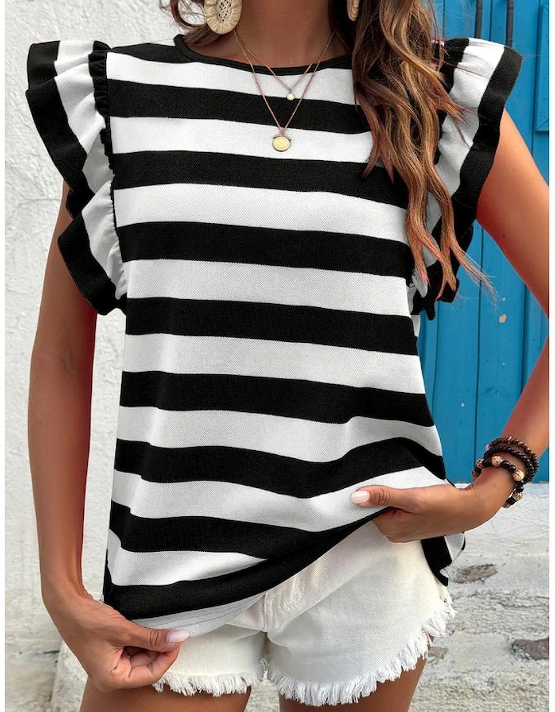 Black Stripe Flutter Sleeve Round Neck T Shirt