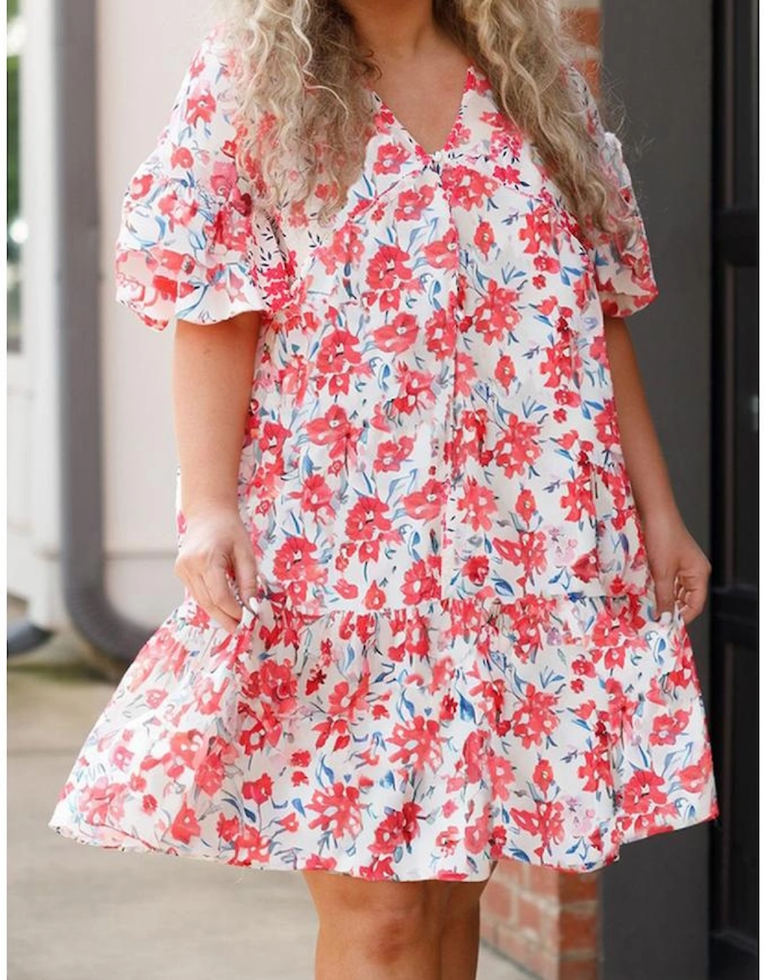 Red Floral Ruffled Half Sleeve V Neck Plus Size Dress