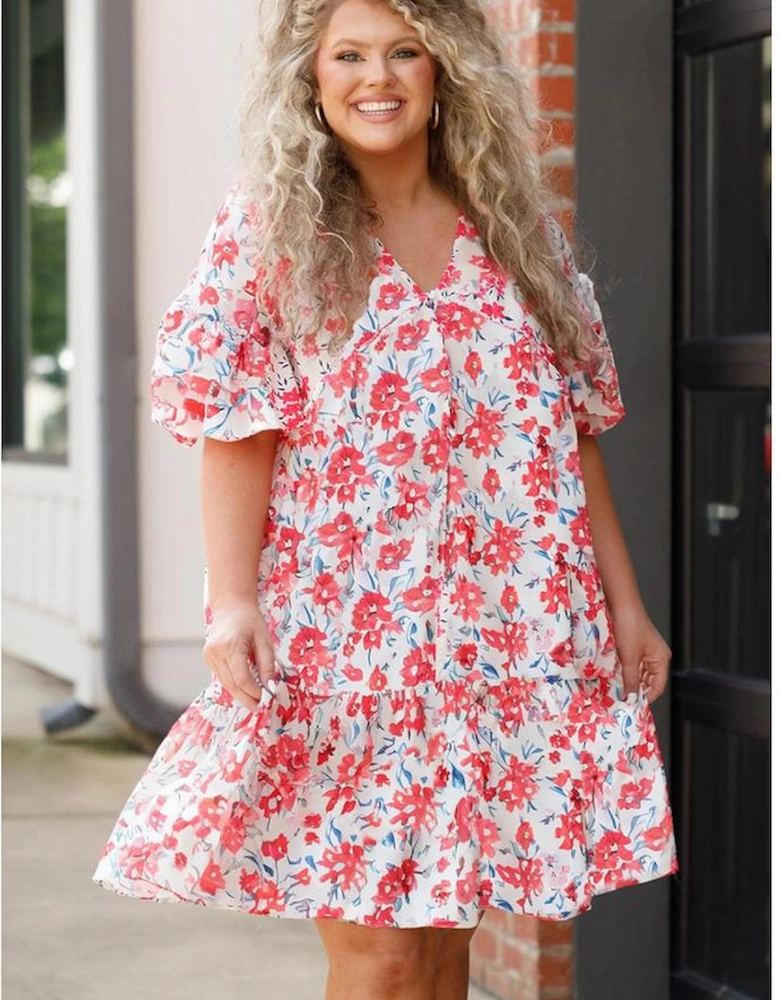 Red Floral Ruffled Half Sleeve V Neck Plus Size Dress