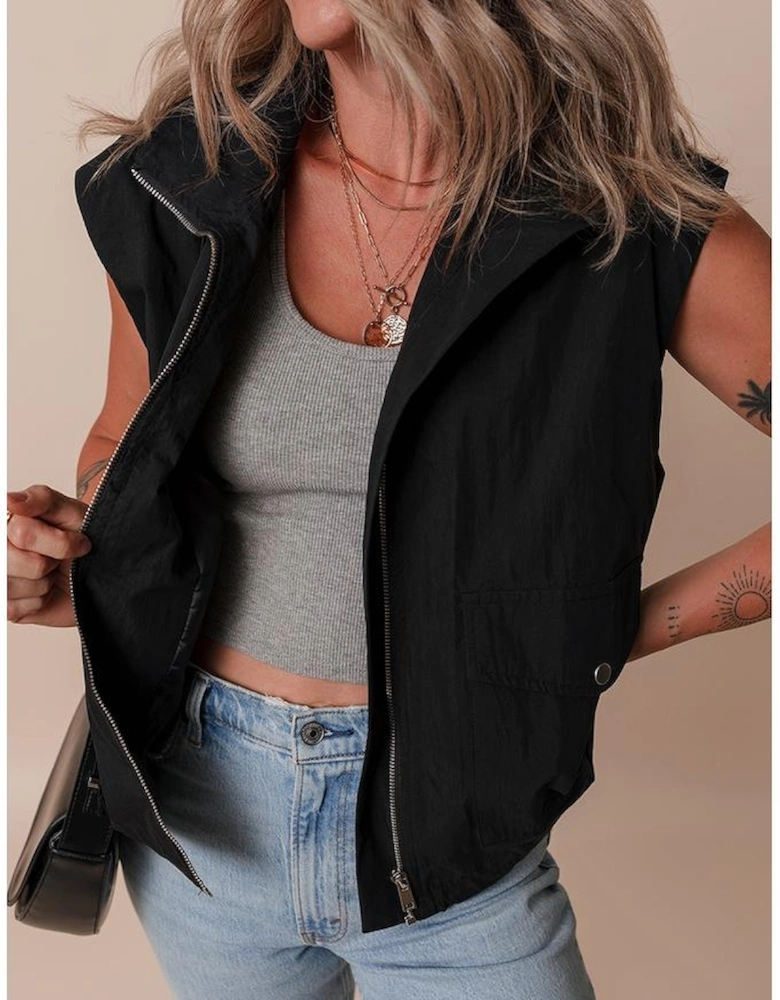 Black Flap Pockets Zip Up High Neck Vest