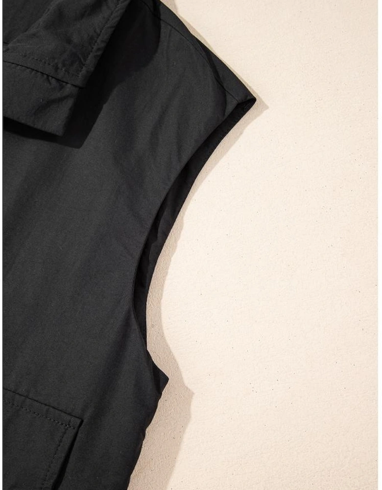 Black Flap Pockets Zip Up High Neck Vest