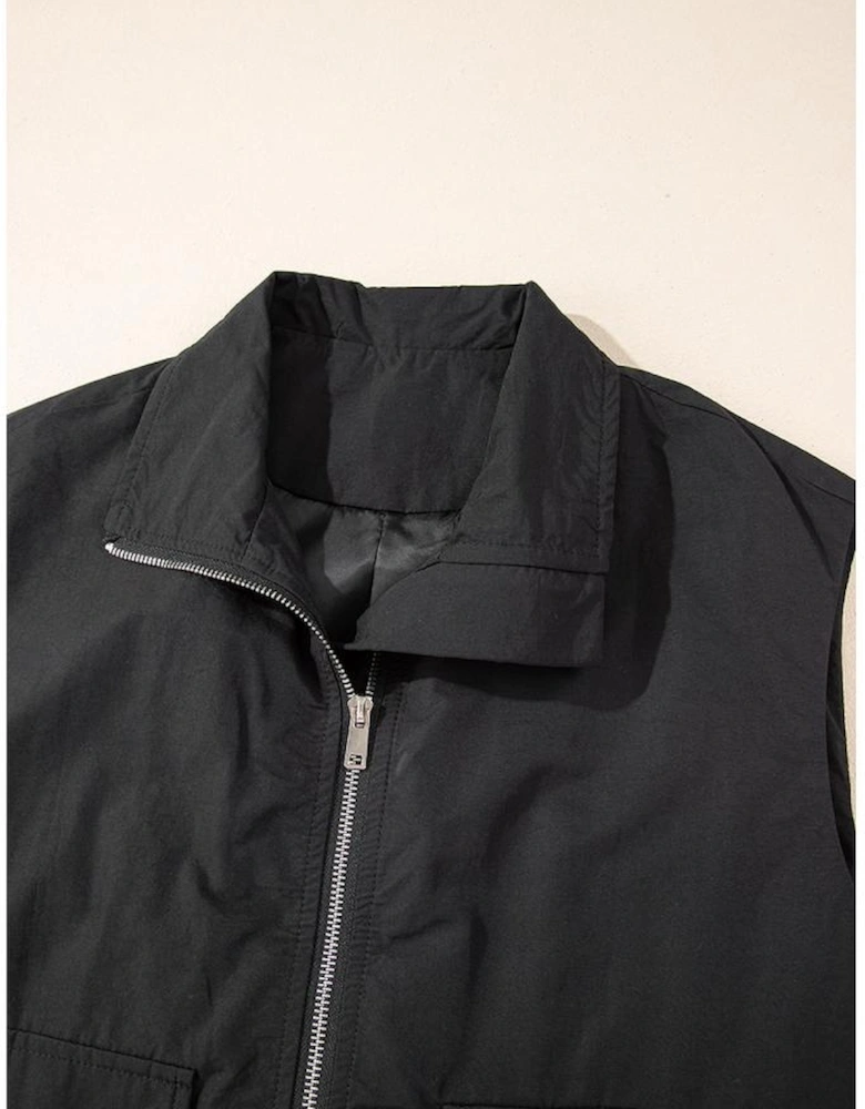 Black Flap Pockets Zip Up High Neck Vest