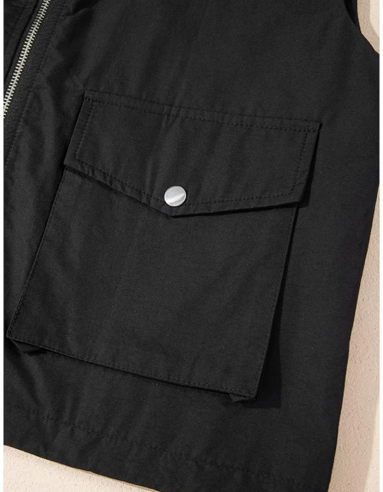 Black Flap Pockets Zip Up High Neck Vest