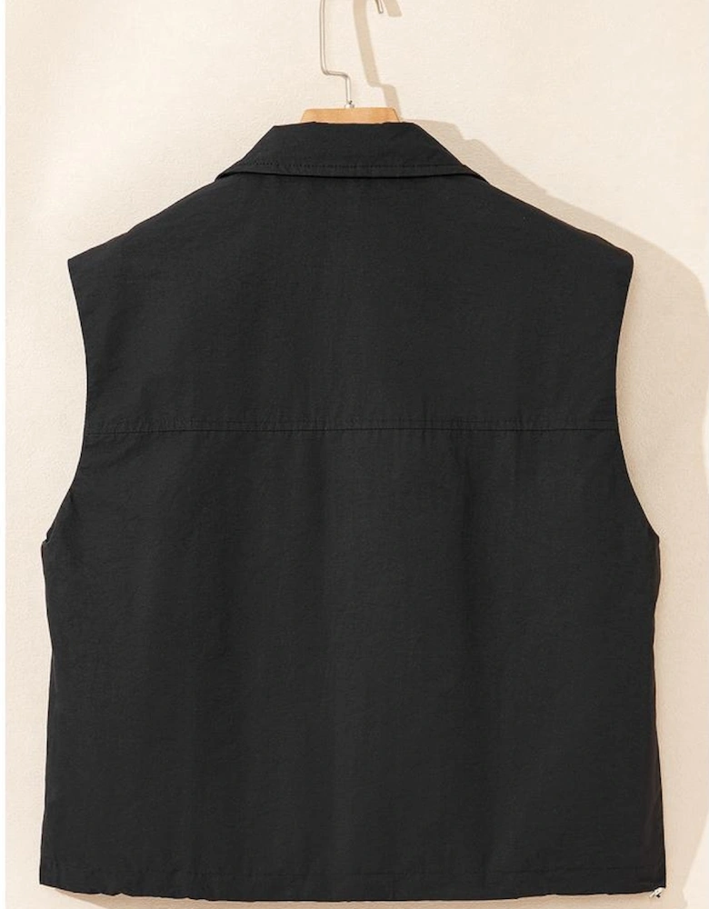 Black Flap Pockets Zip Up High Neck Vest