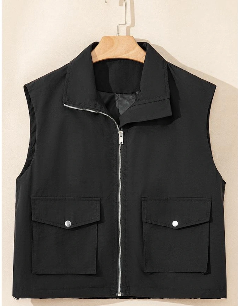 Black Flap Pockets Zip Up High Neck Vest