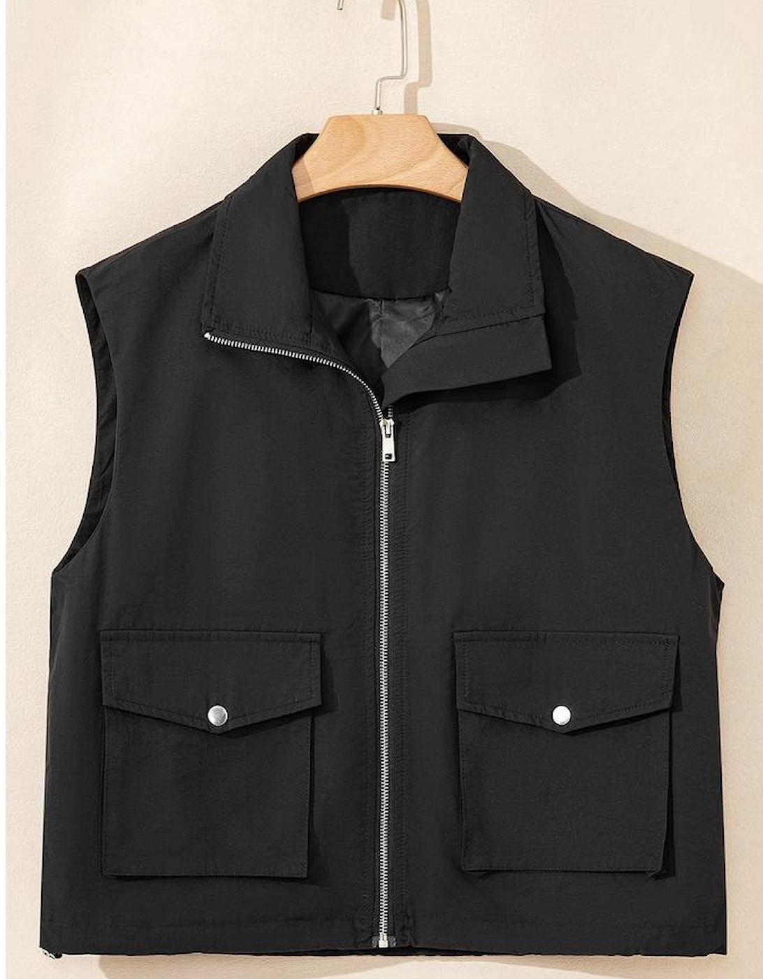 Black Flap Pockets Zip Up High Neck Vest