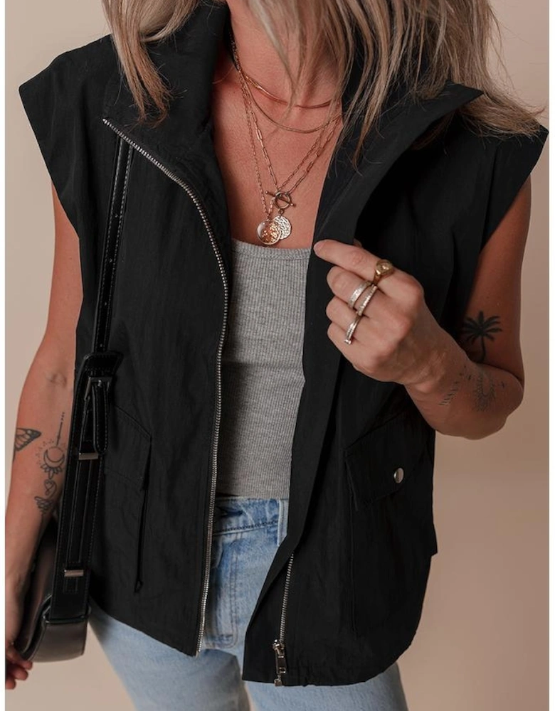 Black Flap Pockets Zip Up High Neck Vest