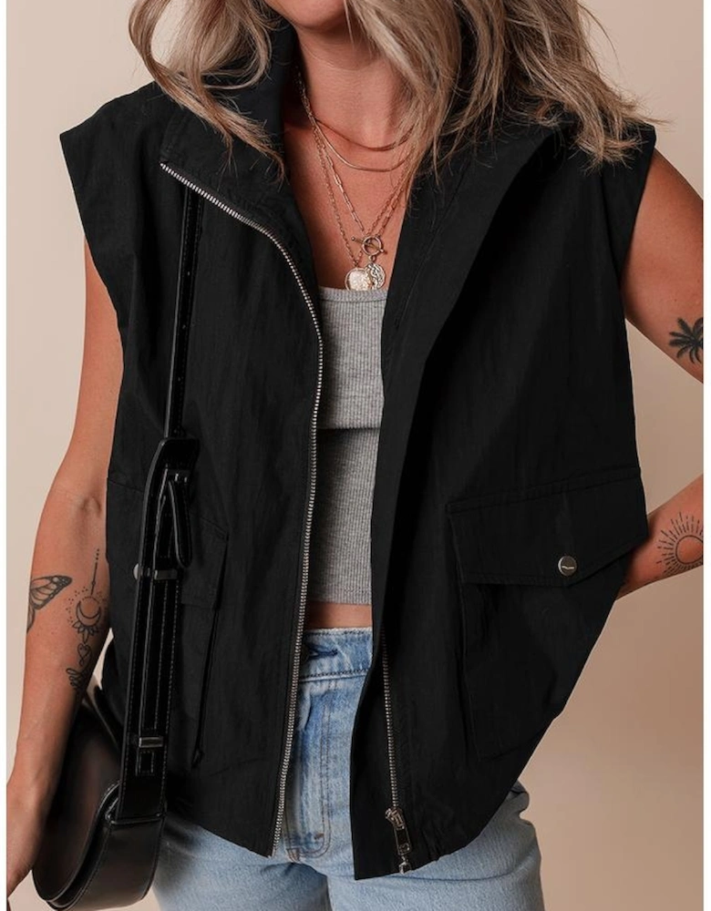 Black Flap Pockets Zip Up High Neck Vest