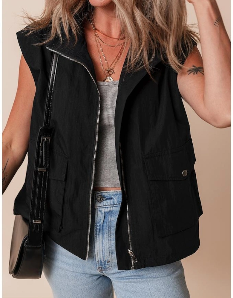 Black Flap Pockets Zip Up High Neck Vest