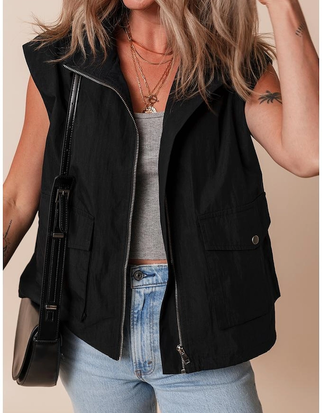 Black Flap Pockets Zip Up High Neck Vest