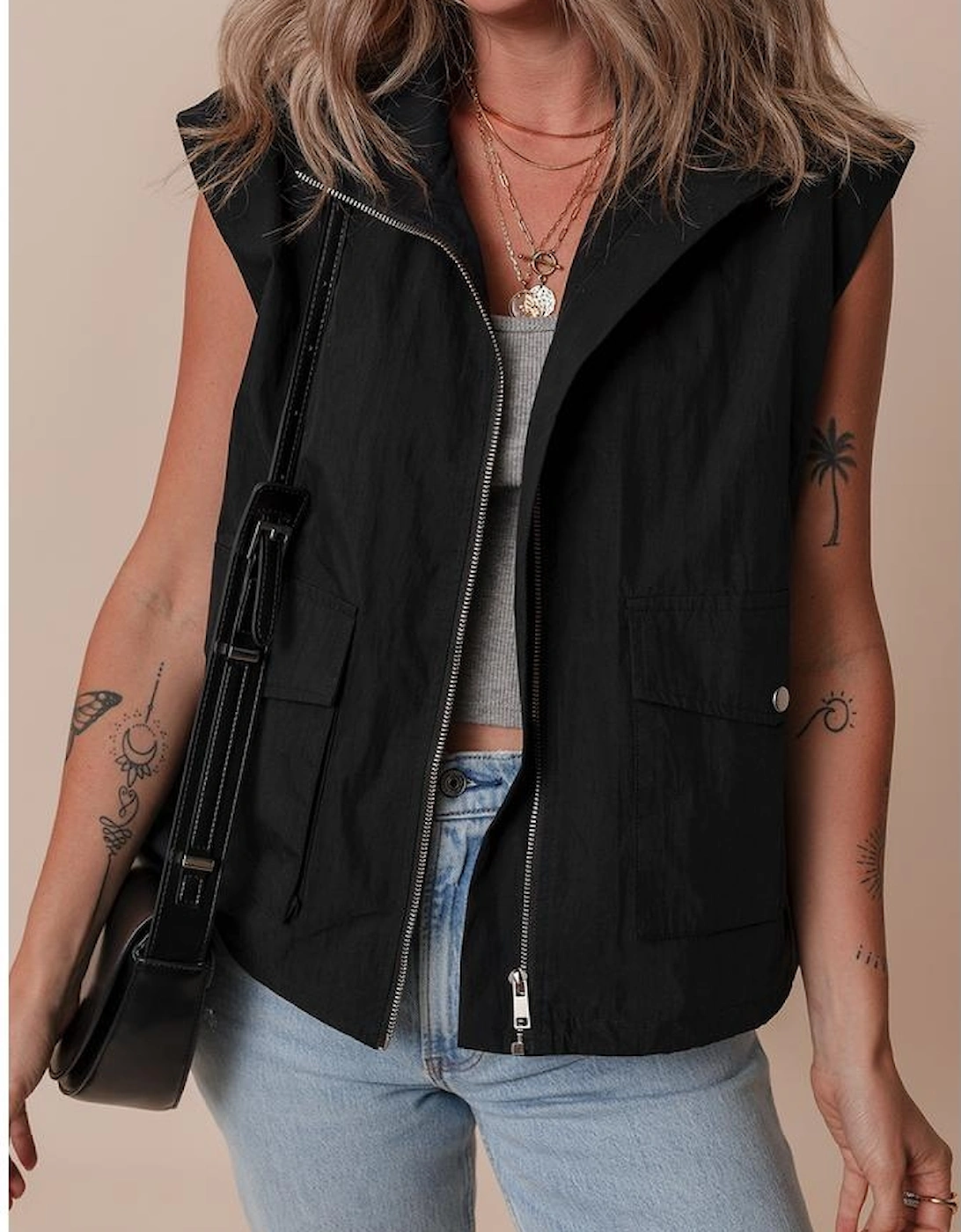 Black Flap Pockets Zip Up High Neck Vest
