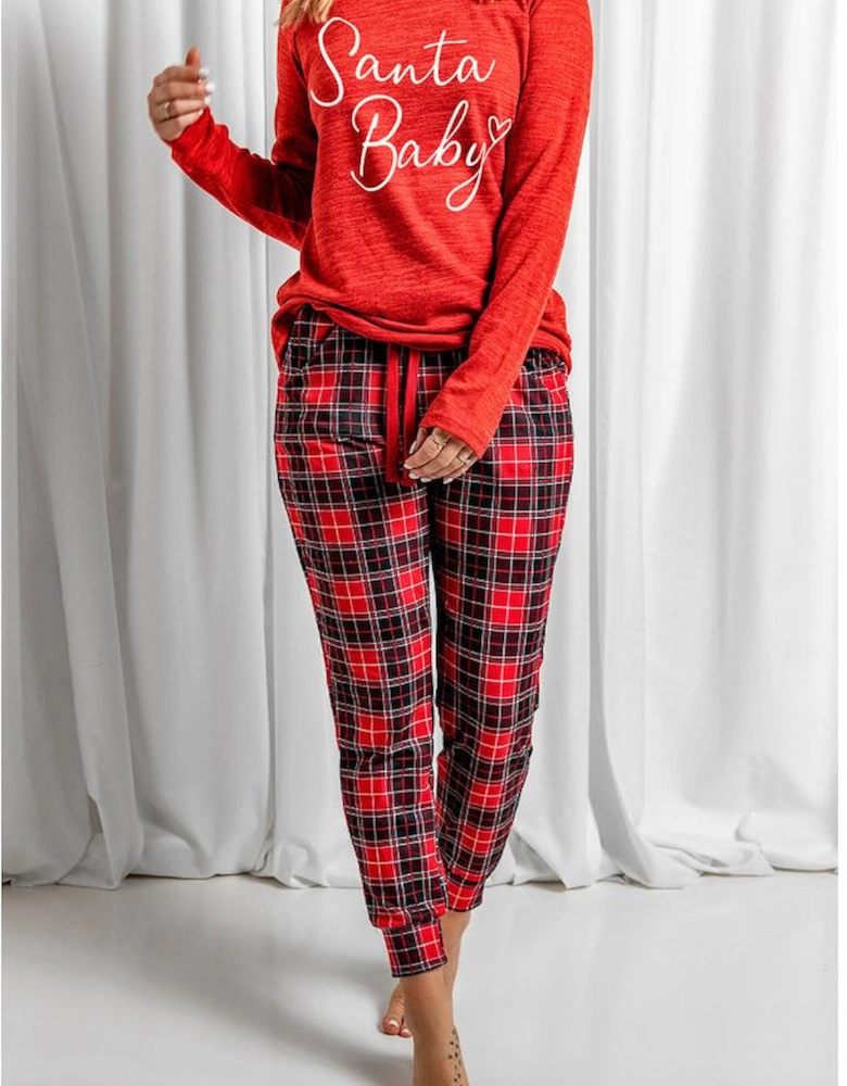 Red Santa Baby Plaid Print Two Piece Pajama Set