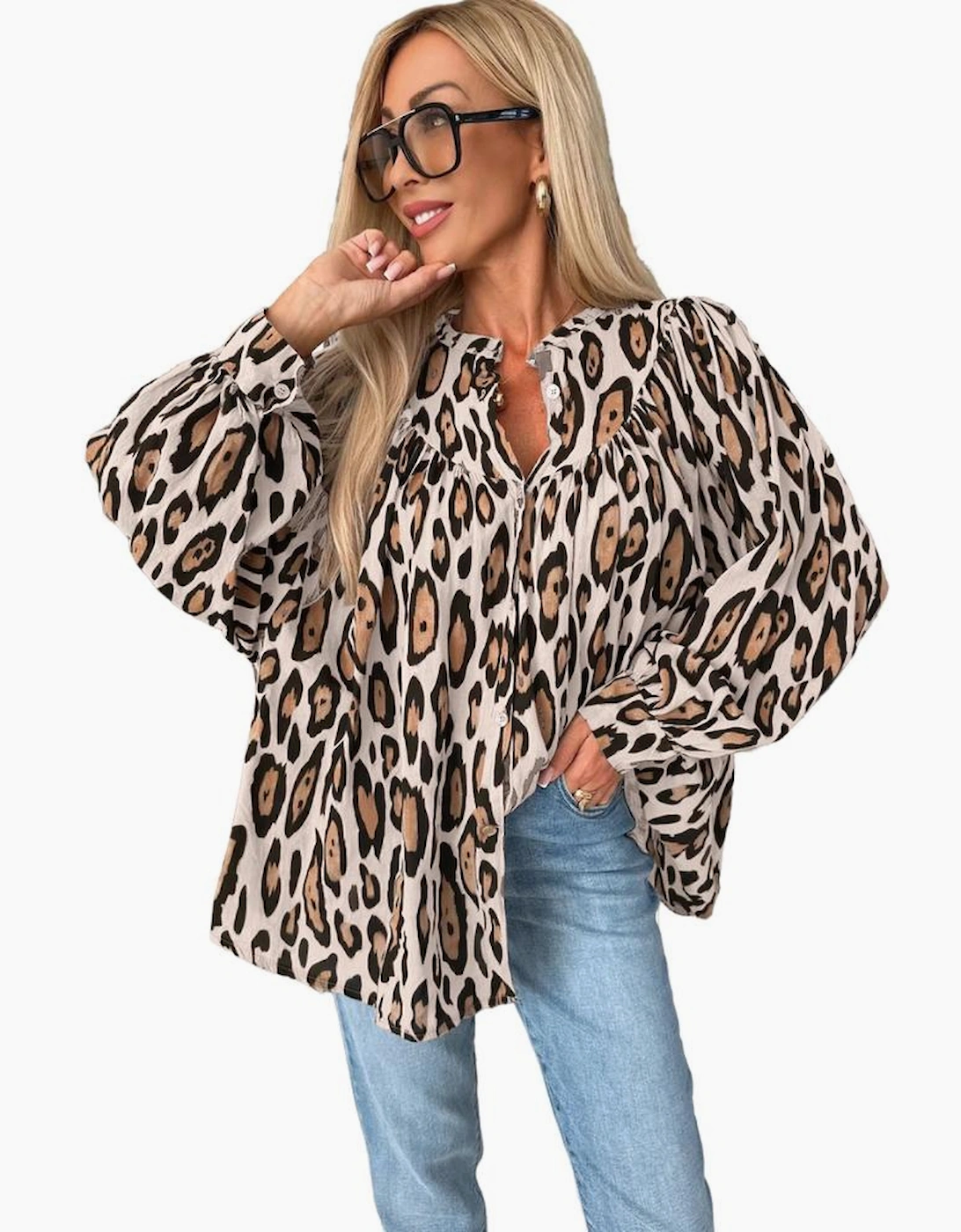 Jet Stream Oversized Leopard Print Balloon Sleeve Casual Shirt